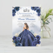 Navy Blue Dress Princess Zilveren Kroon Quinceañer Kaart (Staand voorkant)