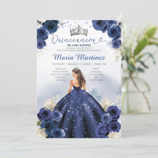 Navy Blue Dress Princess Zilveren Kroon Quinceañer Kaart (Staand voorkant)