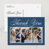 Navy Blue drie foto collage bruiloft dank u Briefkaart (Voorkant / Achterkant)
