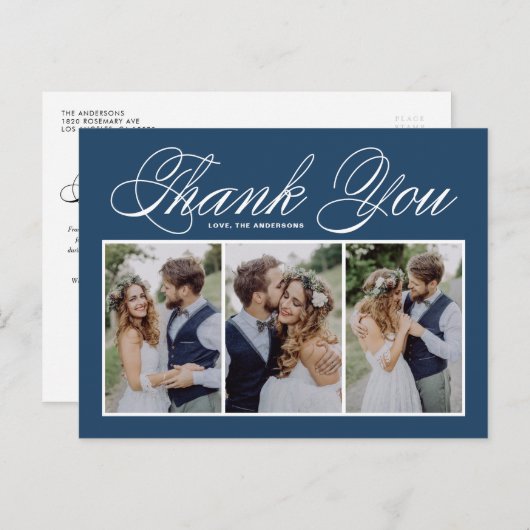 Navy Blue drie foto collage bruiloft dank u Briefkaart (Voorkant / Achterkant)