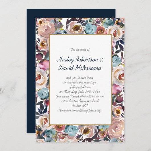 Navy Blue Dusk Blue Mauve Gold Wedding | Kaart (Voorkant / Achterkant)