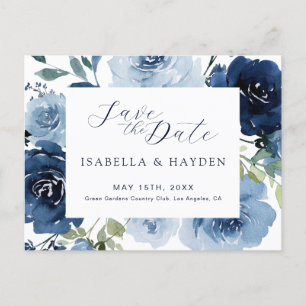 Navy Blue Dusty Blue Floral Wedding Save The Date Aankondigingskaart