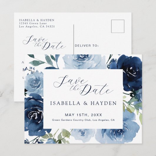 Navy Blue Dusty Blue Floral Wedding Save The Date Aankondigingskaart (Voorkant / Achterkant)