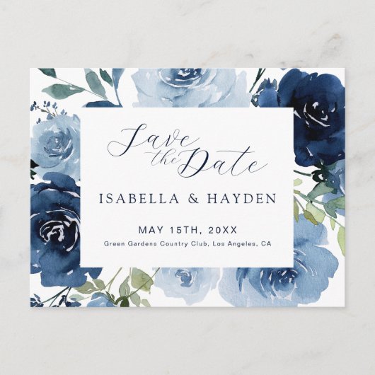 Navy Blue Dusty Blue Floral Wedding Save The Date Aankondigingskaart (Voorkant)