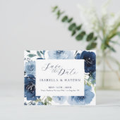 Navy Blue Dusty Blue Floral Wedding Save The Date Aankondigingskaart (Staand voorkant)