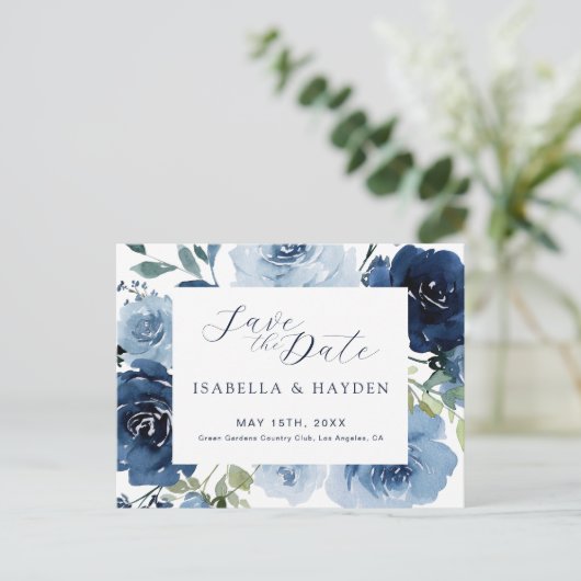 Navy Blue Dusty Blue Floral Wedding Save The Date Aankondigingskaart (Staand voorkant)