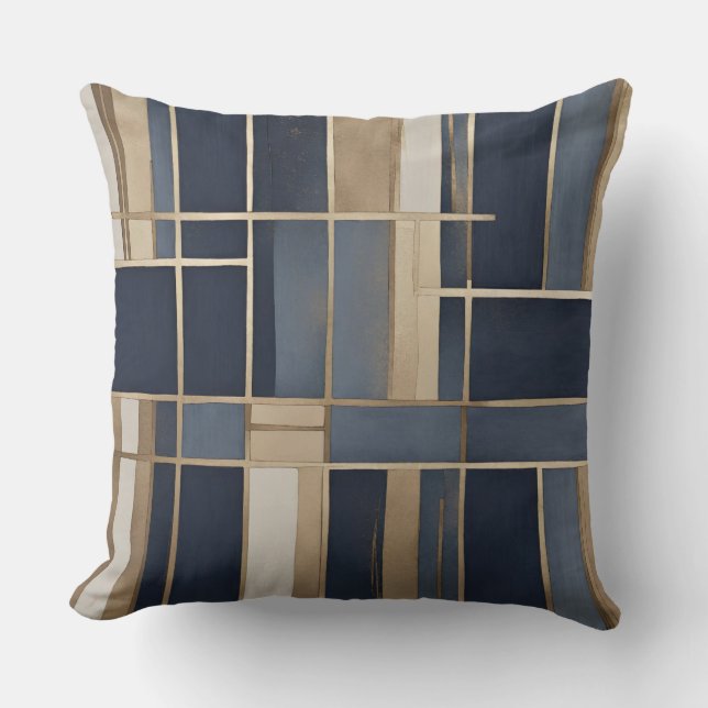 Navy Blue Dusty Blue Tan Plaid Kussen (Voorkant)