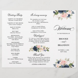 Navy Blue Dusty Blush drievoudig Wedding Programme