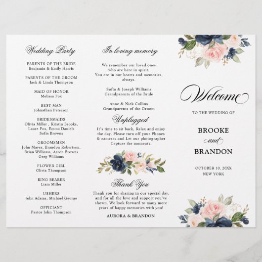 Navy Blue Dusty Blush drievoudig Wedding Programme (Voorkant)