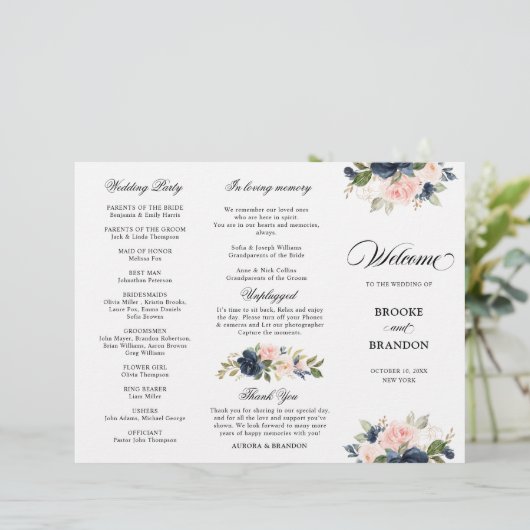 Navy Blue Dusty Blush drievoudig Wedding Programme (Staand voorkant)