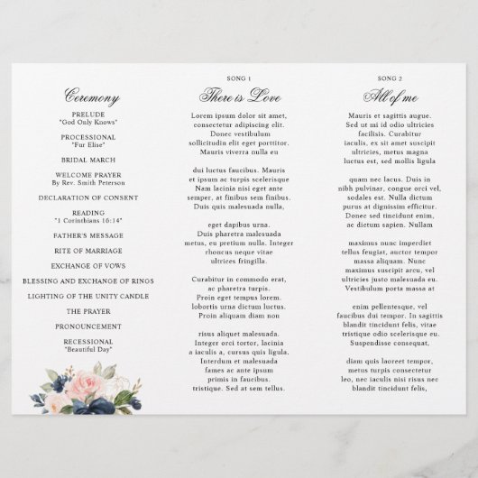 Navy Blue Dusty Blush drievoudig Wedding Programme (Achterkant)