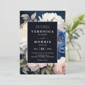 Navy Blue & Dusty Blush Pink Bloemen bruiloft Kaart (Staand voorkant)