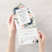 Navy Blue Dusty Blush Pink Floral Weddenschap All In One Uitnodiging (Afscheurbaar)