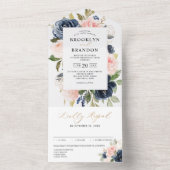 Navy Blue Dusty Blush Pink Floral Weddenschap All In One Uitnodiging (Binnen)