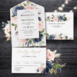 Navy Blue Dusty Blush Pink Floral Weddenschap All In One Uitnodiging
