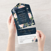 Navy Blue Dusty Blush Pink Floral Wedding All In One Uitnodiging (Afscheurbaar)