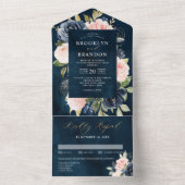 Navy Blue Dusty Blush Pink Floral Wedding All In One Uitnodiging (Binnen)