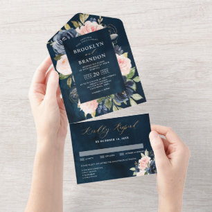 Navy Blue Dusty Blush Pink Floral Wedding All In One Uitnodiging