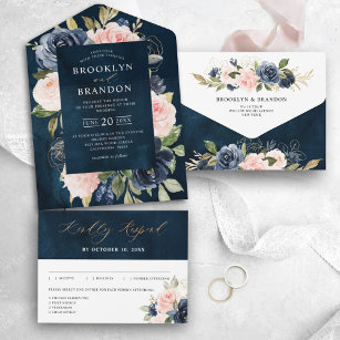Navy Blue Dusty Blush Pink Floral Wedding All In One Uitnodiging