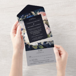Navy Blue Dusty Blush Pink Floral Wedding All In One Uitnodiging