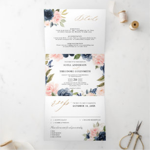 Navy Blue Dusty Blush Pink Floral Wedding Drieluik Aankondiging