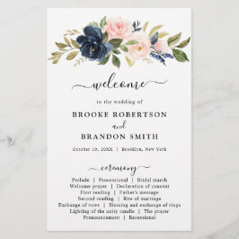 Navy Blue Dusty Blush Pink Floral Wedding Programm