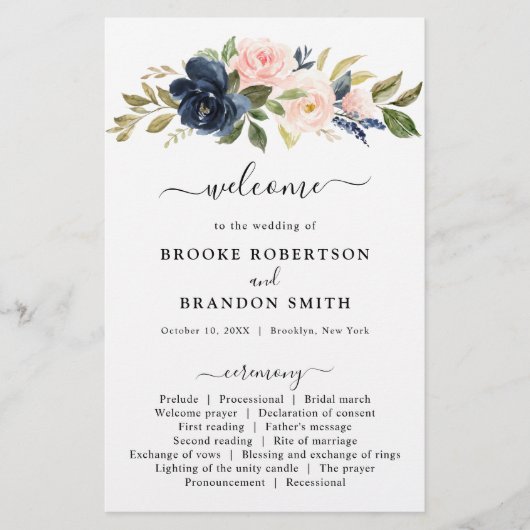 Navy Blue Dusty Blush Pink Floral Wedding Programm (Voorkant)