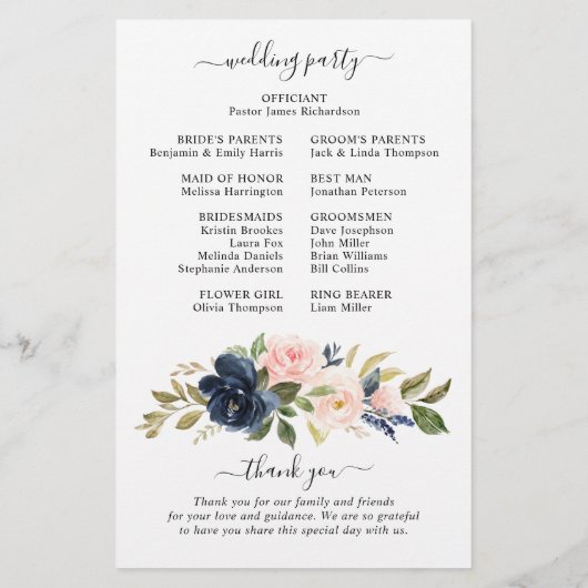 Navy Blue Dusty Blush Pink Floral Wedding Programm (Achterkant)