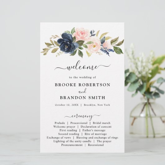 Navy Blue Dusty Blush Pink Floral Wedding Programm (Staand voorkant)
