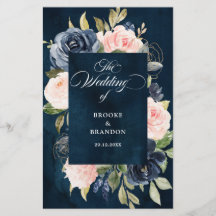 Navy Blue Dusty Blush Pink Floral Wedding Programm