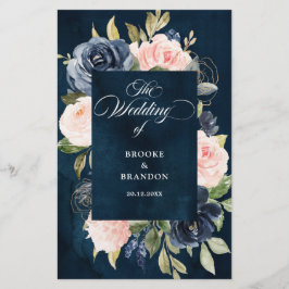 Navy Blue Dusty Blush Pink Floral Wedding Programm