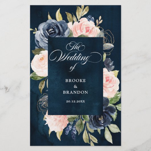 Navy Blue Dusty Blush Pink Floral Wedding Programm (Voorkant)