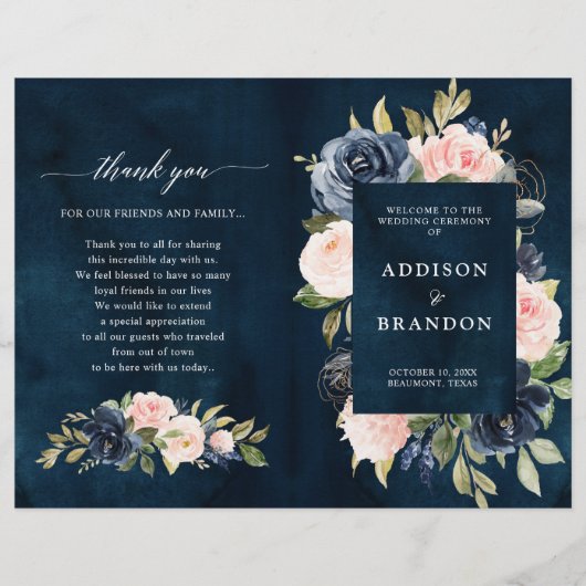 Navy Blue Dusty Blush Pink Floral Wedding Programm (Voorkant)