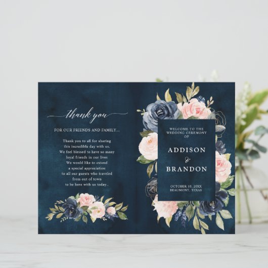 Navy Blue Dusty Blush Pink Floral Wedding Programm (Staand voorkant)