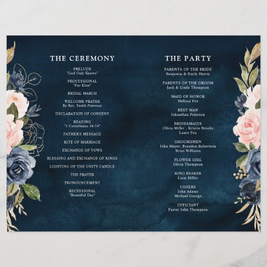 Navy Blue Dusty Blush Pink Floral Wedding Programm (Achterkant)