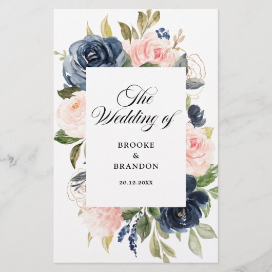 Navy Blue Dusty Blush Pink Floral Wedding Programm (Voorkant)