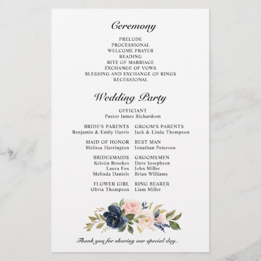 Navy Blue Dusty Blush Pink Floral Wedding Programm (Achterkant)