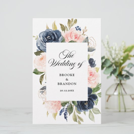 Navy Blue Dusty Blush Pink Floral Wedding Programm (Staand voorkant)