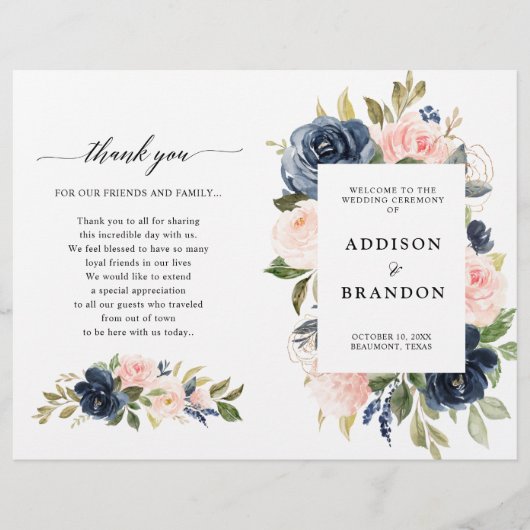 Navy Blue Dusty Blush Pink Floral Wedding Programm (Voorkant)