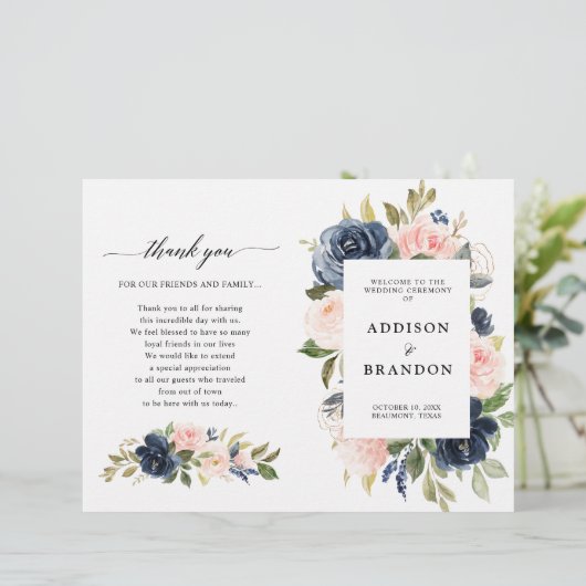 Navy Blue Dusty Blush Pink Floral Wedding Programm (Staand voorkant)