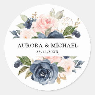 Navy Blue Dusty Blush Pink Floral Wedding Ronde Sticker