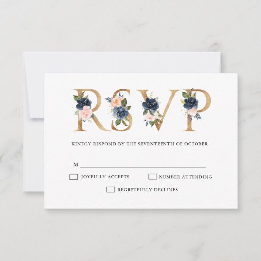 Navy Blue Dusty Blush Pink Floral Wedding RSVP (Voorkant)