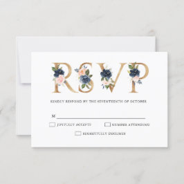 Navy Blue Dusty Blush Pink Floral Wedding RSVP Kaartje