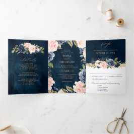 Navy Blue Dusty Blush Pink Floral Wedding Tri-Fol Drieluik Aankondiging