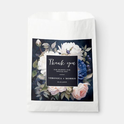 Navy Blue & Dusty Blush Roze Bloemen Huwelijk Bedankzakje (Voorkant)