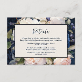 Navy Blue & Dusty Blush Roze Bloemen Huwelijk Informatiekaartje