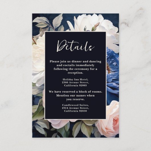 Navy Blue & Dusty Blush Roze Bloemen Huwelijk Informatiekaartje (Voorkant)