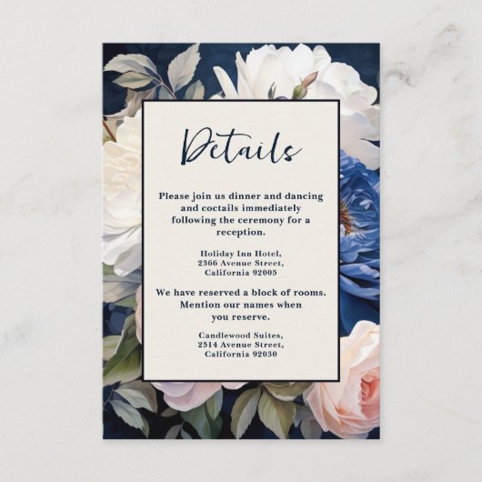 Navy Blue & Dusty Blush Roze Bloemen Huwelijk Informatiekaartje (Voorkant)