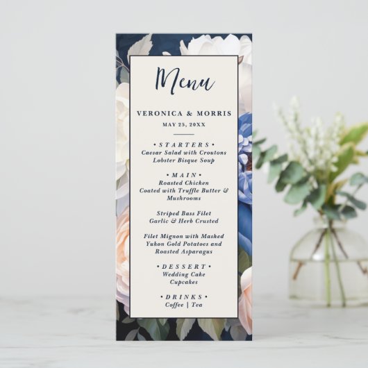Navy Blue & Dusty Blush Roze Bloemen Huwelijk Menu (Staand voorkant)