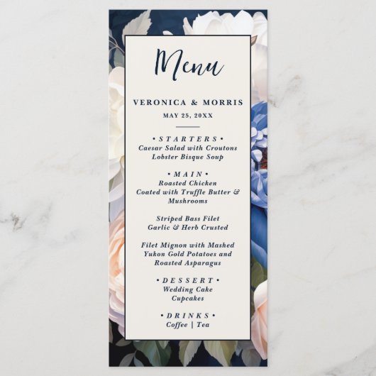 Navy Blue & Dusty Blush Roze Bloemen Huwelijk Menu (Voorkant)